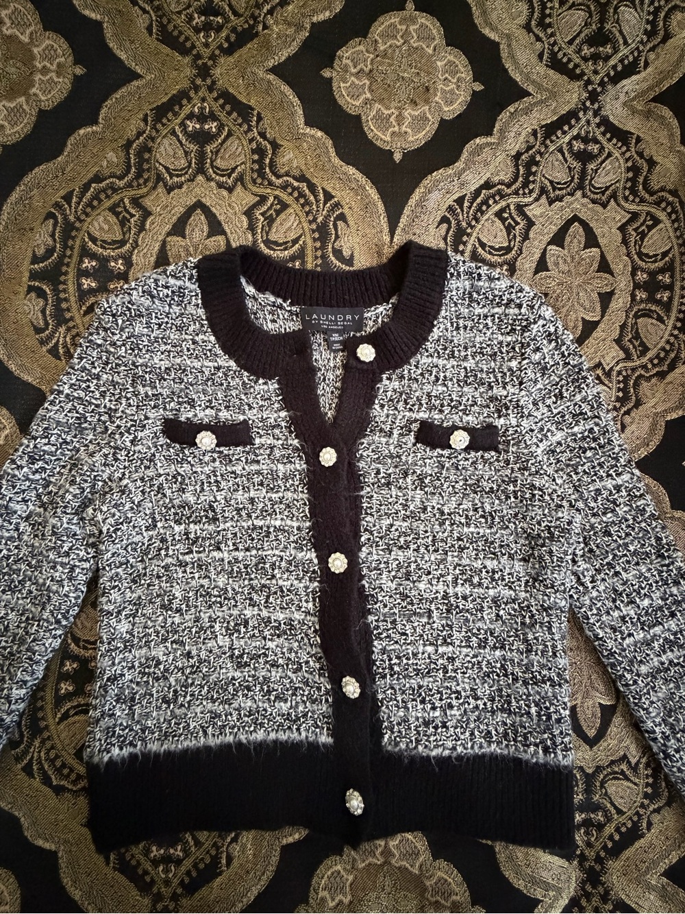 Laundry by Shelli Segal Black and White Tweed-Style Cardigan